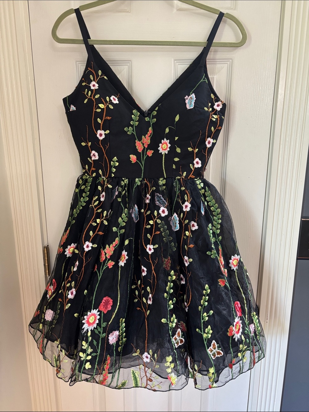 Mac Duggal Black Spaghetti-Strap Floral Embroidered Prom Dress